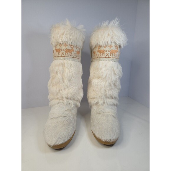 Tecnica Goat Fur Cream Mid Calf SnowBoots Leather Detail Embroidered Moose Sz 37 - Picture 4 of 9
